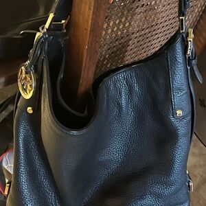 MICHAEL Michael Kors Black Leather Shoulder Bag with Gold Accents